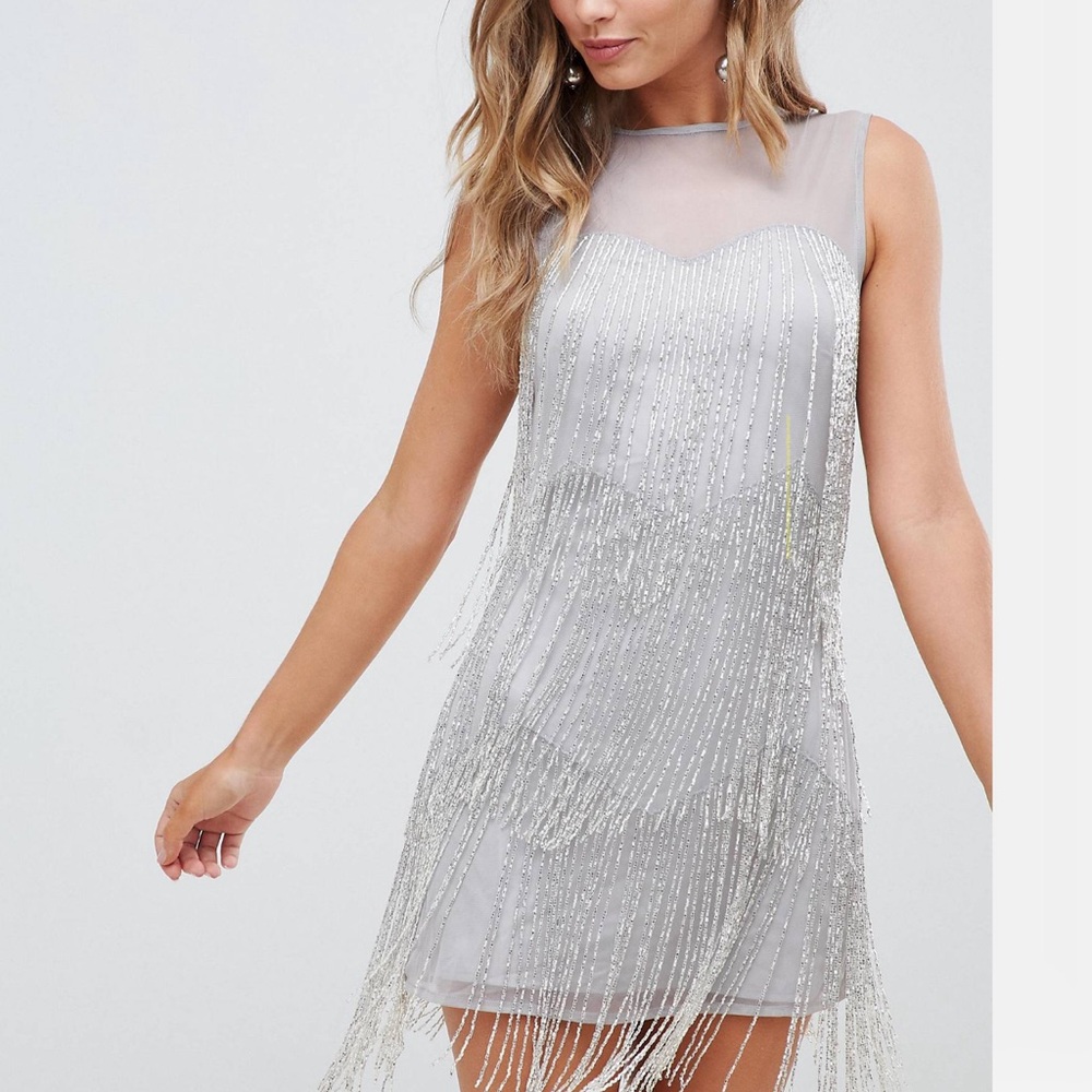 Silver Tassel Fringe Beaded ASOS Shift Mini Dress - New Years / Concert Dress